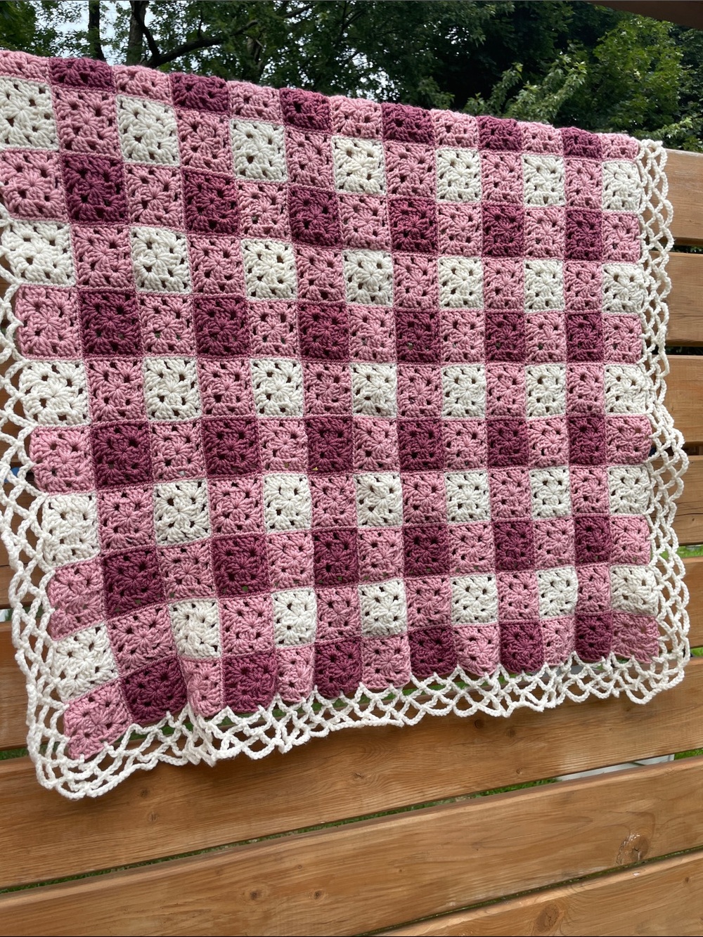Handcrafted Pink & Cream Crochet Checkerboard Throw